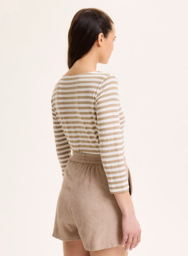 Majestic Filatures T-shirt Beige Col Bateau Manches Trois Quarts En Lin / Elasthanne Lin / Elasthanne