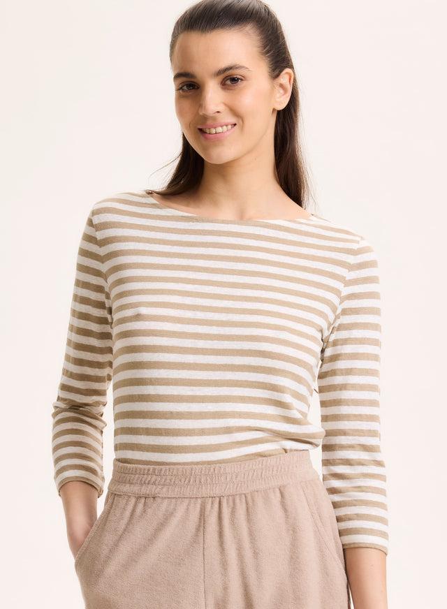 majestic filatures T-shirt Beige Col Bateau Manches Trois quarts en Lin / Elasthanne Lin / Elasthanne