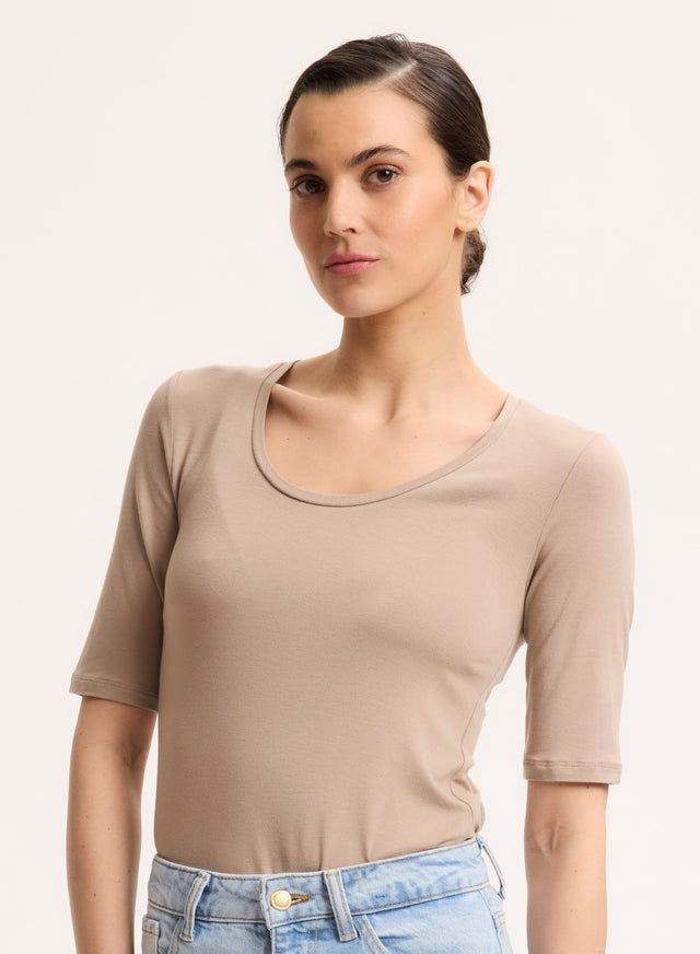 majestic filatures T-shirt Beige Col U Manches Coudes en Viscose / Élasthanne Viscose / Élasthanne