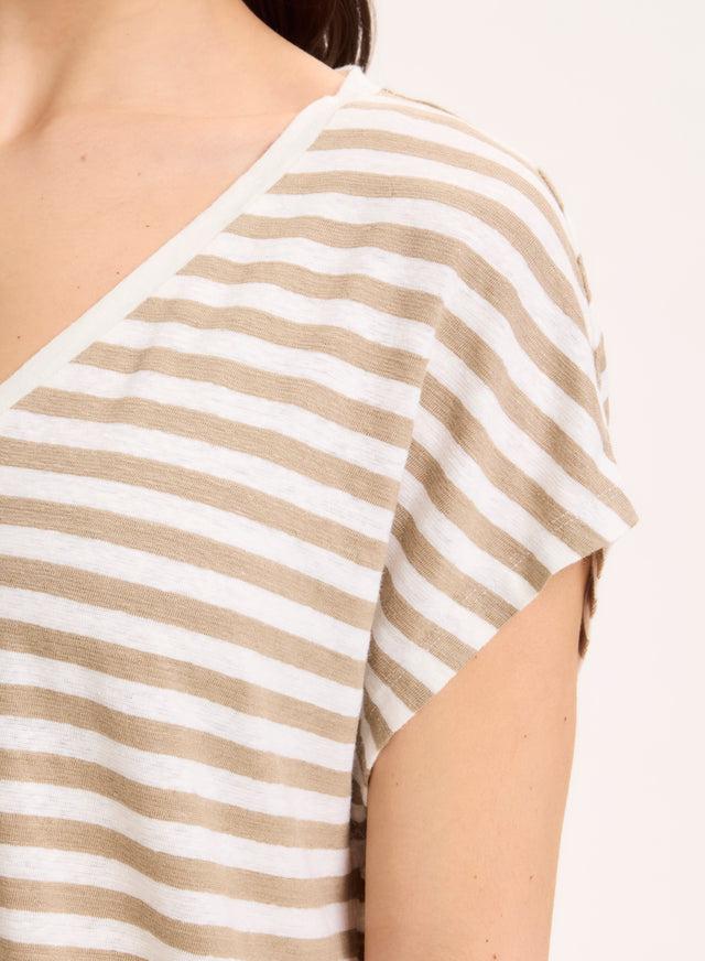 Majestic Filatures T-shirt Beige Col V Manches Courtes En Lin / Elasthanne Lin / Elasthanne