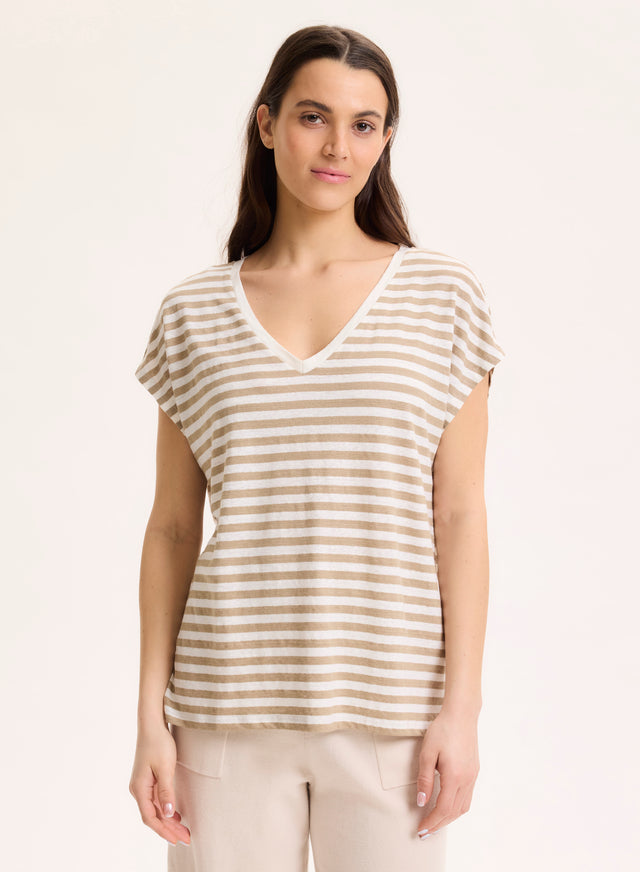 Majestic Filatures T-shirt Beige Col V Manches Courtes En Lin / Elasthanne Lin / Elasthanne