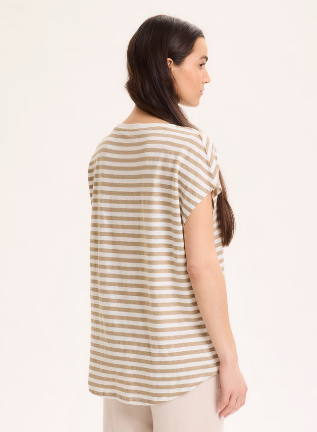 Majestic Filatures T-shirt Beige Col V Manches Courtes En Lin / Elasthanne Lin / Elasthanne