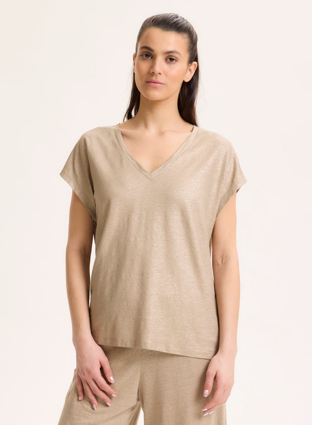 Majestic Filatures T-shirt Beige Col V Manches Courtes En Lin / Elasthanne Lin / Elasthanne