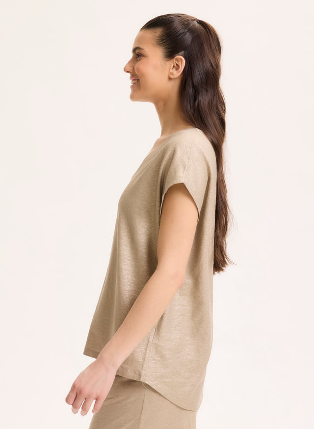Majestic Filatures T-shirt Beige Col V Manches Courtes En Lin / Elasthanne Lin / Elasthanne