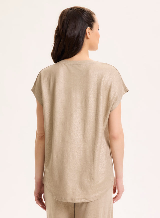 Majestic Filatures T-shirt Beige Col V Manches Courtes En Lin / Elasthanne Lin / Elasthanne