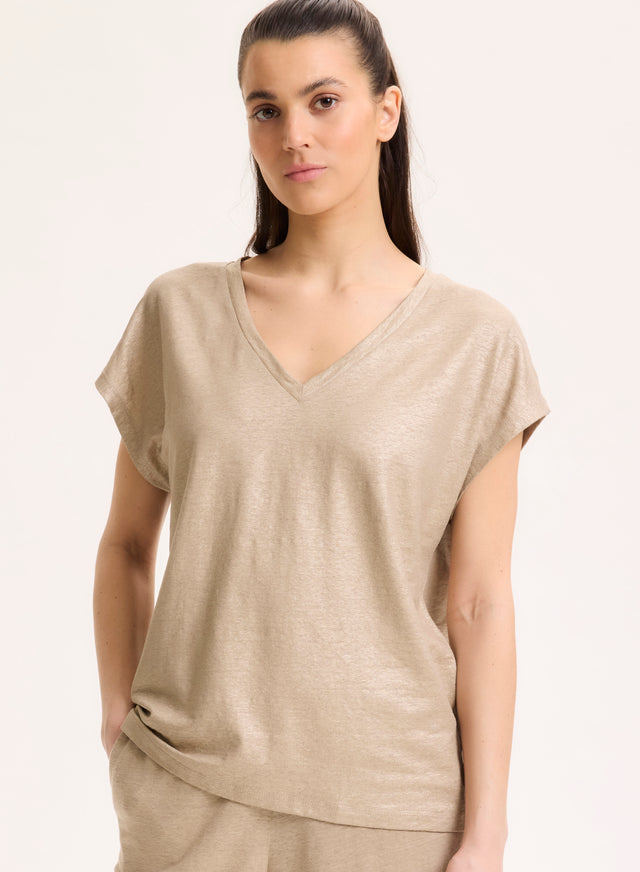 majestic filatures T-shirt Beige Col V Manches Courtes en Lin / Elasthanne Lin / Elasthanne
