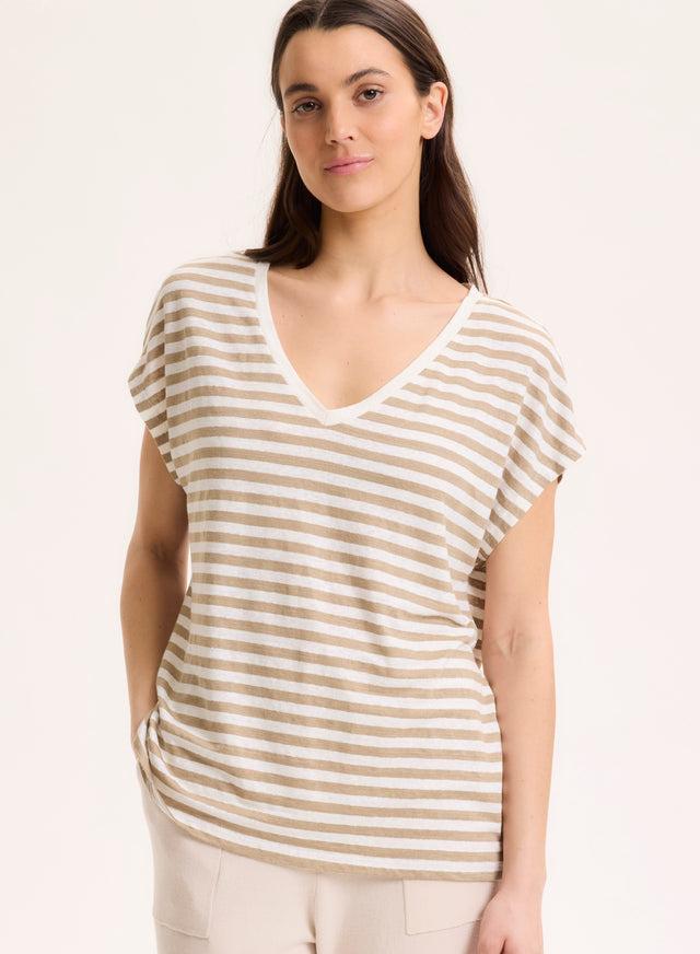 majestic filatures T-shirt beige col V manches courtes en lin / elasthanne Lin / Elasthanne