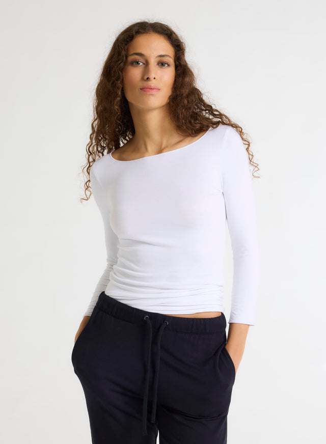 Majestic Filatures T-shirt Blanc Adèle Col Bateau En Viscose Et Élasthanne Viscose / Élasthanne