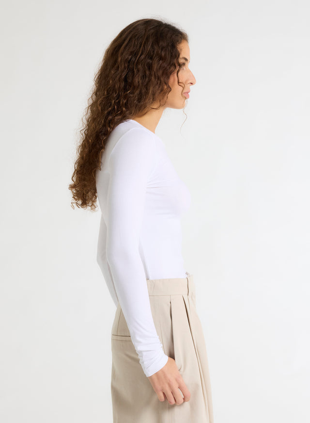 Majestic Filatures T-shirt Blanc Ally Col Rond Manches Longues En Viscose Et Élasthanne Viscose / Élasthanne