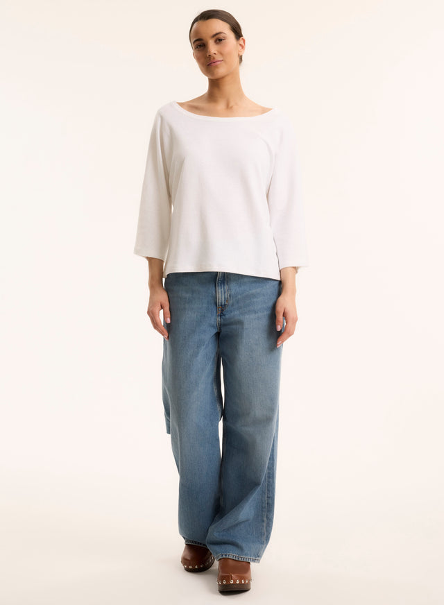 Majestic Filatures T-shirt Blanc Col Bateau Manches Coudes En Lin / Coton Organique Lin / Coton Organique