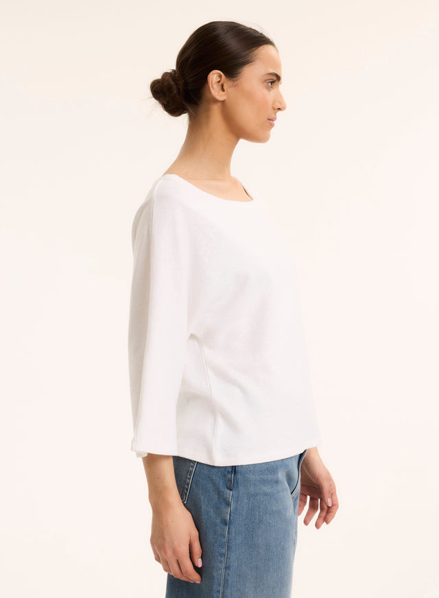 Majestic Filatures T-shirt Blanc Col Bateau Manches Coudes En Lin / Coton Organique Lin / Coton Organique