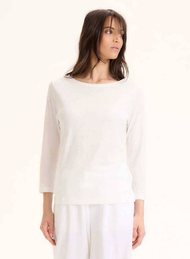 Majestic Filatures T-shirt Blanc Col Bateau Manches Trois Quarts En Lyocell / Tencel / Coton Organique Lyocell / Tencel / Coton Organique
