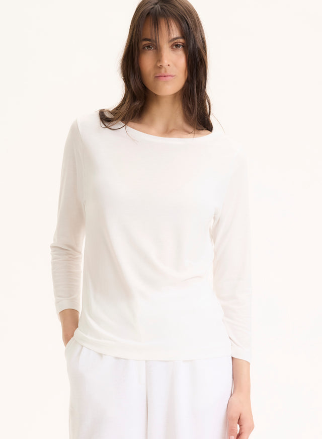 majestic filatures T-shirt Blanc Col Bateau Manches Trois quarts en Lyocell / Tencel / Coton organique Lyocell / Tencel / Coton organique