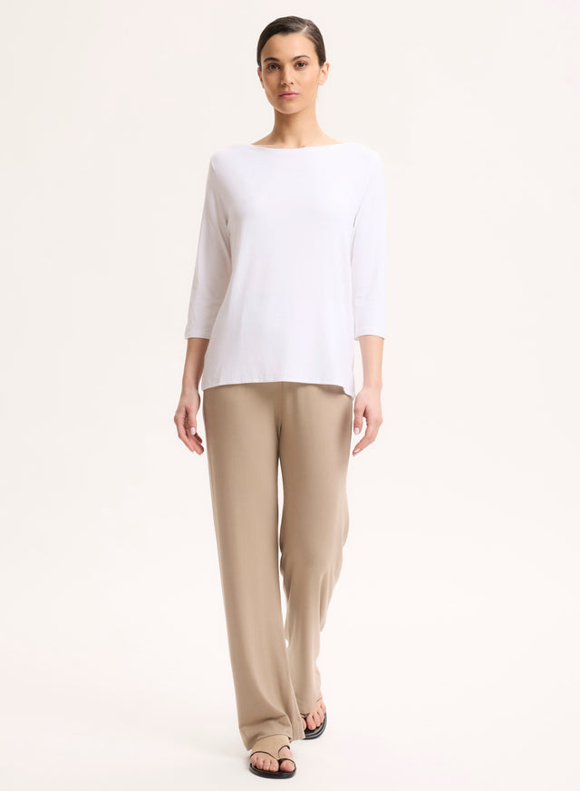 Majestic Filatures T-shirt Blanc Col Bateau Manches Trois Quarts En Viscose / Élasthanne Viscose / Élasthanne