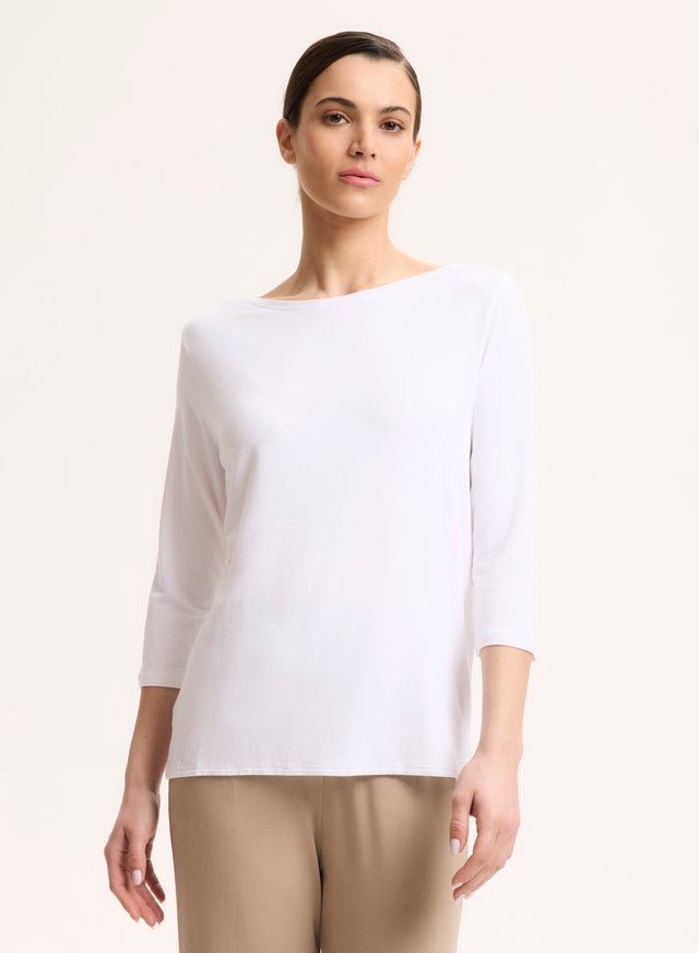 Majestic Filatures T-shirt Blanc Col Bateau Manches Trois Quarts En Viscose / Élasthanne Viscose / Élasthanne
