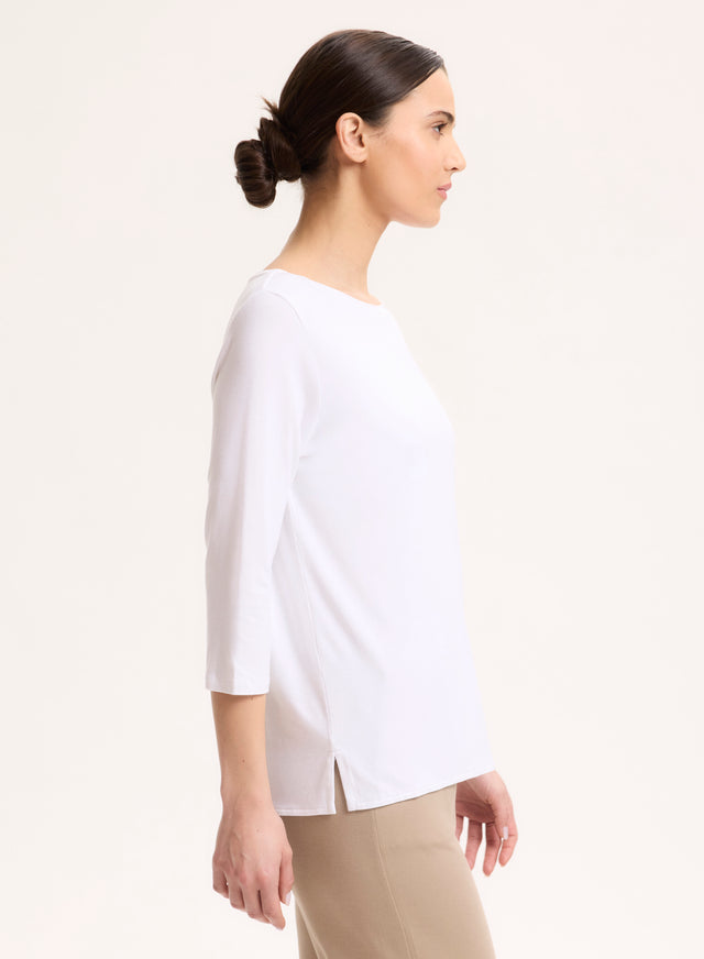 Majestic Filatures T-shirt Blanc Col Bateau Manches Trois Quarts En Viscose / Élasthanne Viscose / Élasthanne
