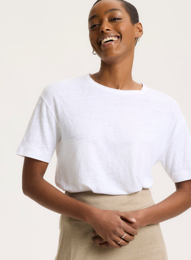 Majestic Filatures T-shirt Blanc Col Rond Manches Courtes En Lin / Elasthanne Lin / Elasthanne
