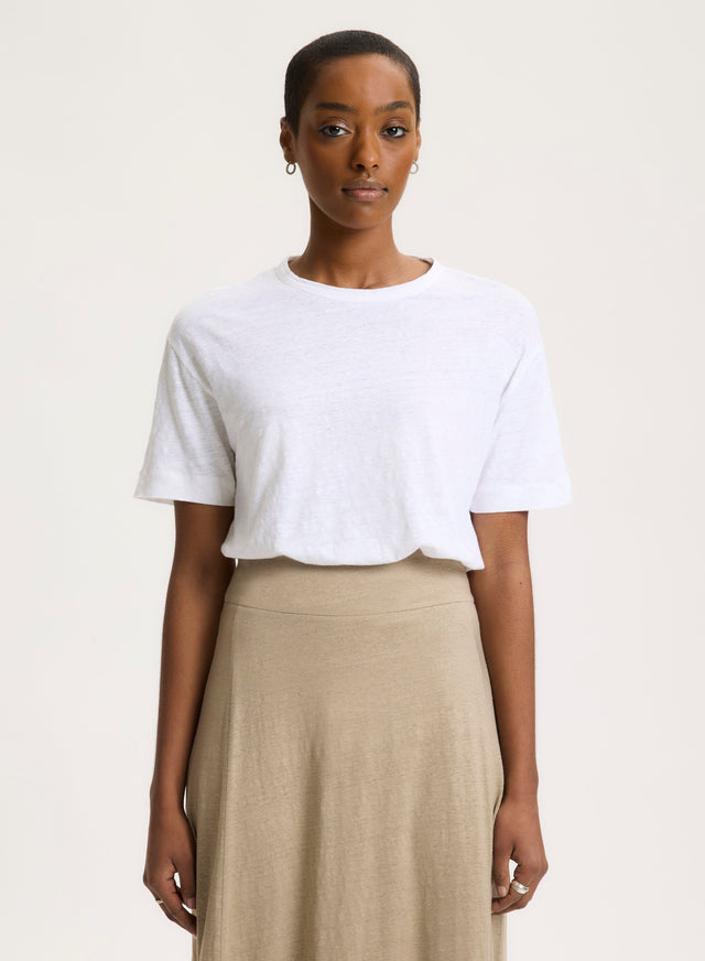 Majestic Filatures T-shirt Blanc Col Rond Manches Courtes En Lin / Elasthanne Lin / Elasthanne