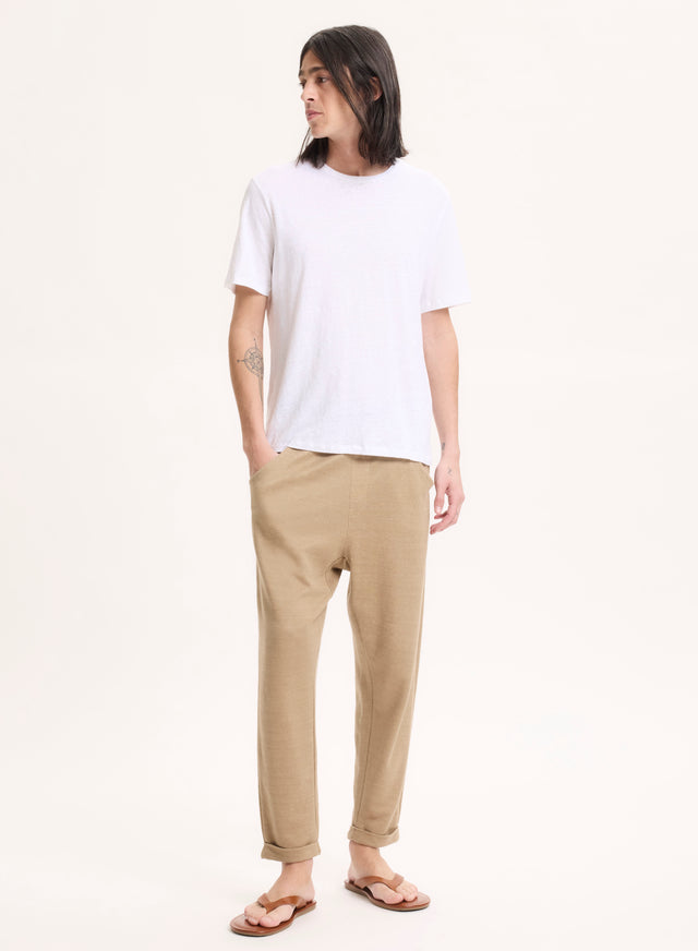 Majestic Filatures T-shirt Blanc Col Rond Manches Courtes En Lin / Elasthanne Lin / Elasthanne