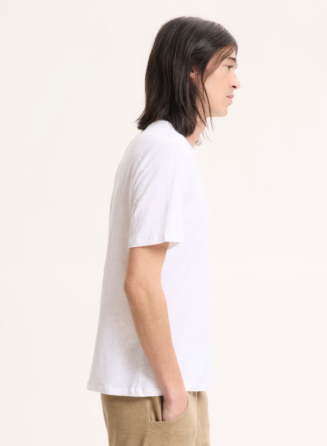 Majestic Filatures T-shirt Blanc Col Rond Manches Courtes En Lin / Elasthanne Lin / Elasthanne