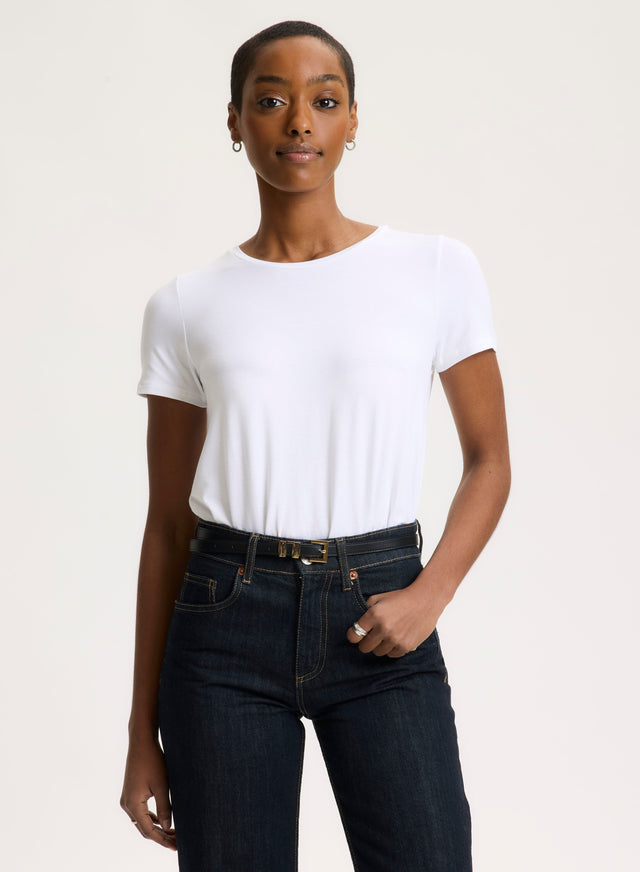 Majestic Filatures T-shirt Blanc Col Rond Manches Courtes En Viscose / Élasthanne Viscose / Élasthanne