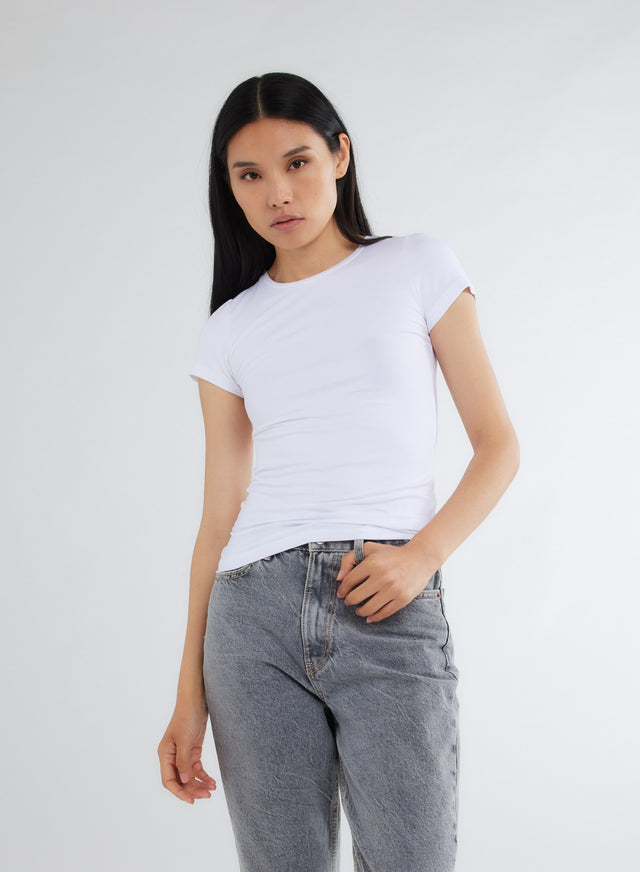 majestic filatures T-shirt Blanc Col Rond Manches Courtes en Viscose et Élasthanne Viscose / Élasthanne