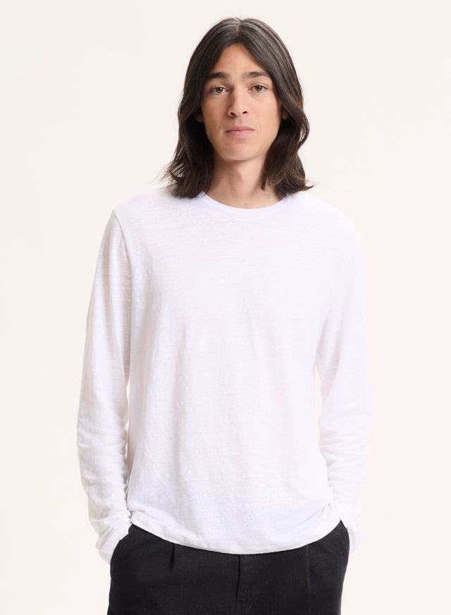 Majestic Filatures T-shirt Blanc Col Rond Manches Longues En Lin / Elasthanne Lin / Elasthanne