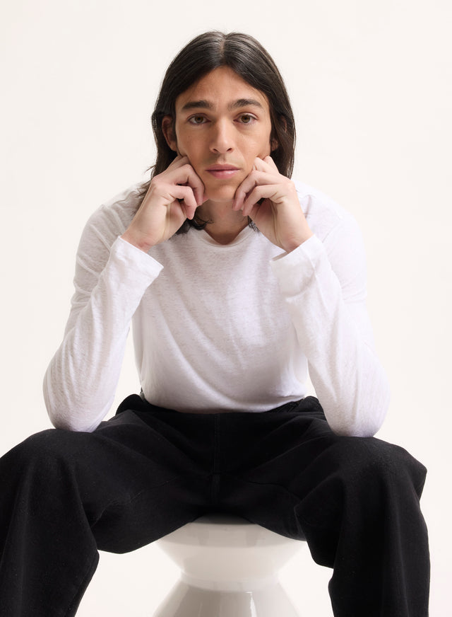 Majestic Filatures T-shirt Blanc Col Rond Manches Longues En Lin / Elasthanne Lin / Elasthanne