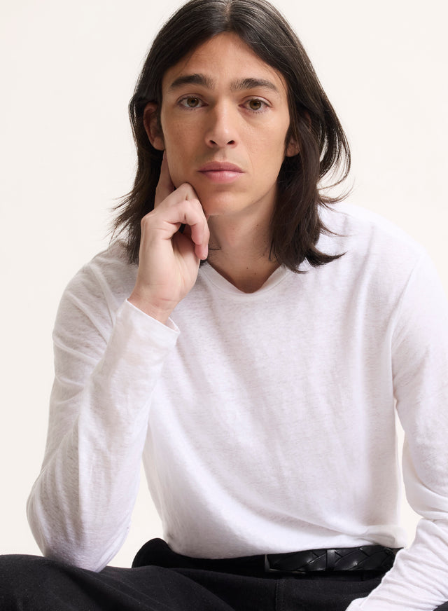 majestic filatures T-shirt Blanc Col Rond Manches Longues en Lin / Elasthanne Lin / Elasthanne