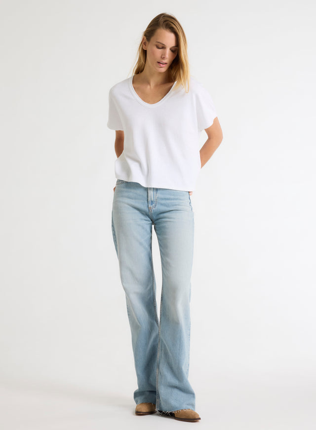 Majestic Filatures T-shirt Blanc Col V Manches Courtes En Lin / Coton Organique Lin / Coton Organique