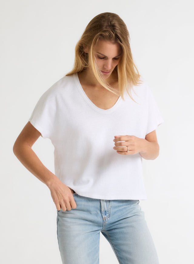 Majestic Filatures T-shirt Blanc Col V Manches Courtes En Lin / Coton Organique Lin / Coton Organique