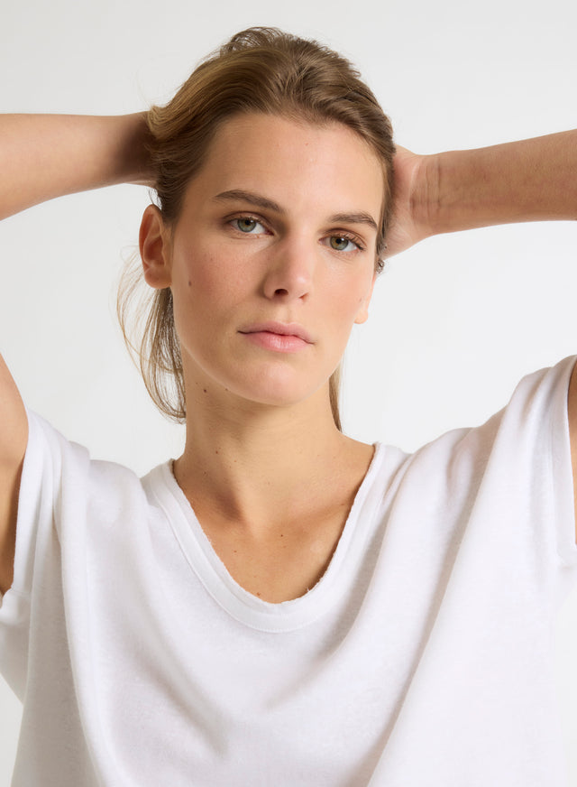 Majestic Filatures T-shirt Blanc Col V Manches Courtes En Lin / Coton Organique Lin / Coton Organique