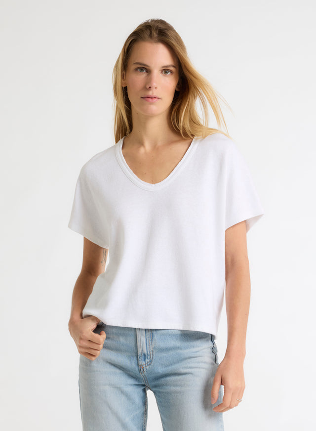 majestic filatures T-shirt Blanc Col V Manches Courtes en Lin / Coton organique Lin / Coton organique