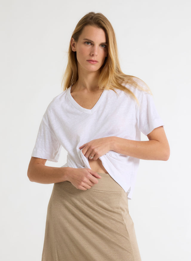 Majestic Filatures T-shirt Blanc Col V Manches Courtes En Lin / Elasthanne Lin / Elasthanne