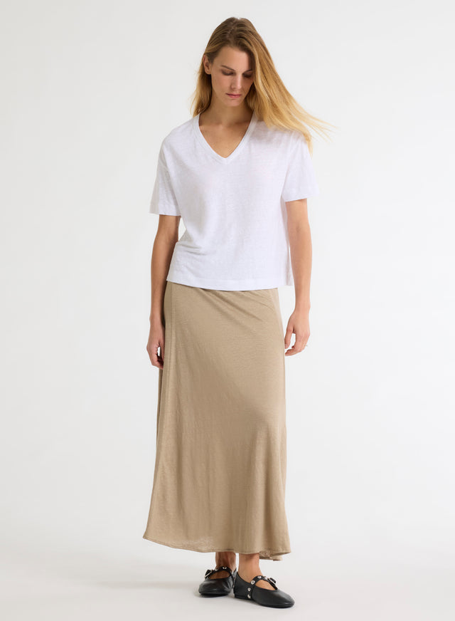 Majestic Filatures T-shirt Blanc Col V Manches Courtes En Lin / Elasthanne Lin / Elasthanne