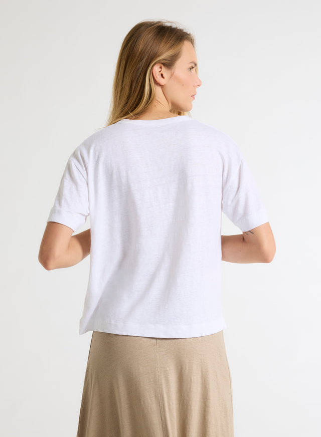 Majestic Filatures T-shirt Blanc Col V Manches Courtes En Lin / Elasthanne Lin / Elasthanne