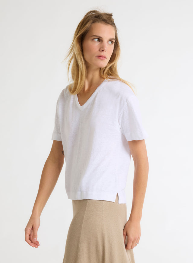 majestic filatures T-shirt Blanc Col V Manches Courtes en Lin / Elasthanne Lin / Elasthanne