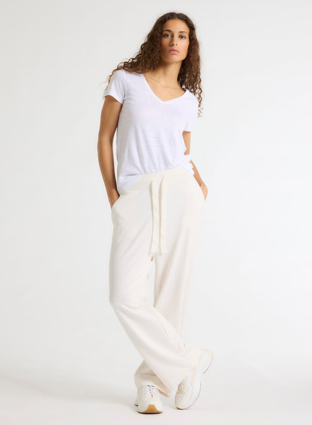 Majestic Filatures T-shirt Blanc Col V Manches Courtes En Lin Et Elasthanne Lin / Elasthanne