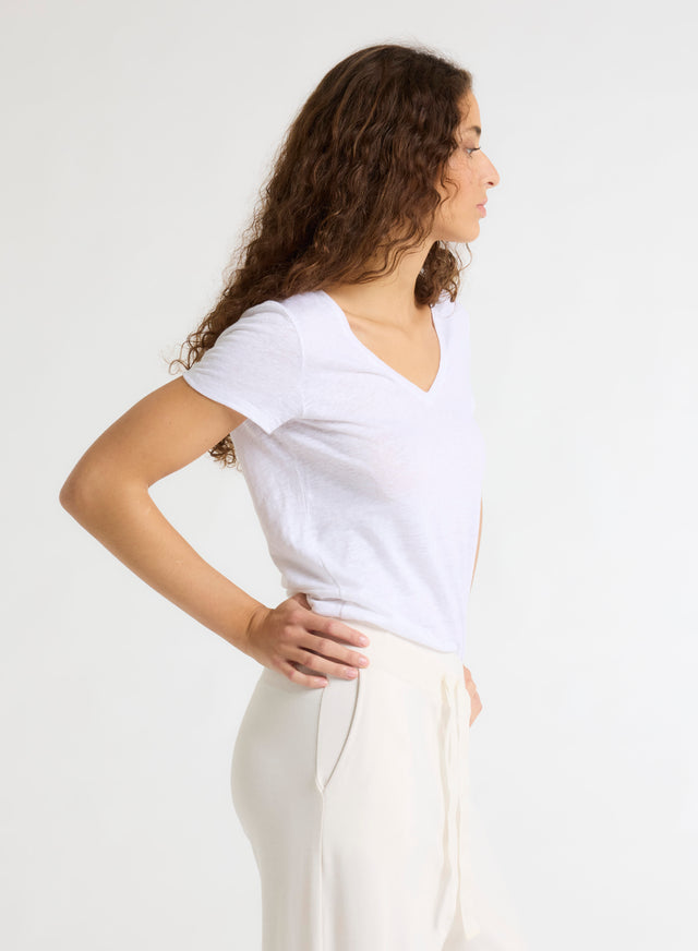 Majestic Filatures T-shirt Blanc Col V Manches Courtes En Lin Et Elasthanne Lin / Elasthanne