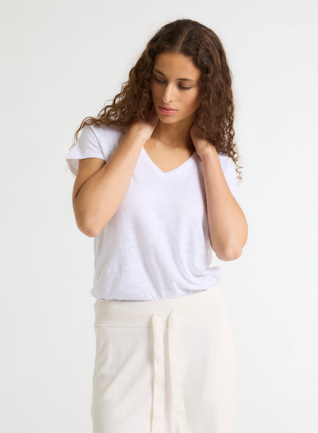 majestic filatures T-shirt Blanc Col V Manches Courtes en Lin et Elasthanne Lin / Elasthanne
