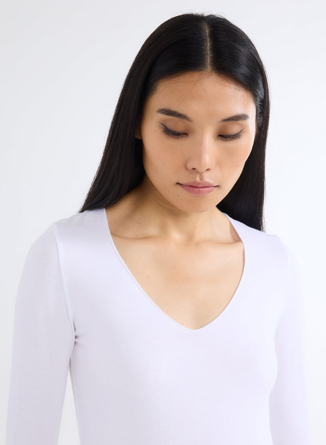Majestic Filatures T-shirt Blanc Col V Manches Longues En Viscose Et Élasthanne Viscose / Élasthanne