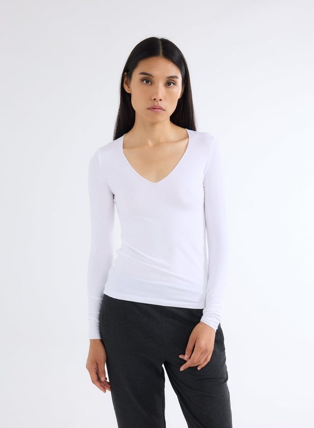 majestic filatures T-shirt Blanc Col V Manches Longues en Viscose et Élasthanne Viscose / Élasthanne
