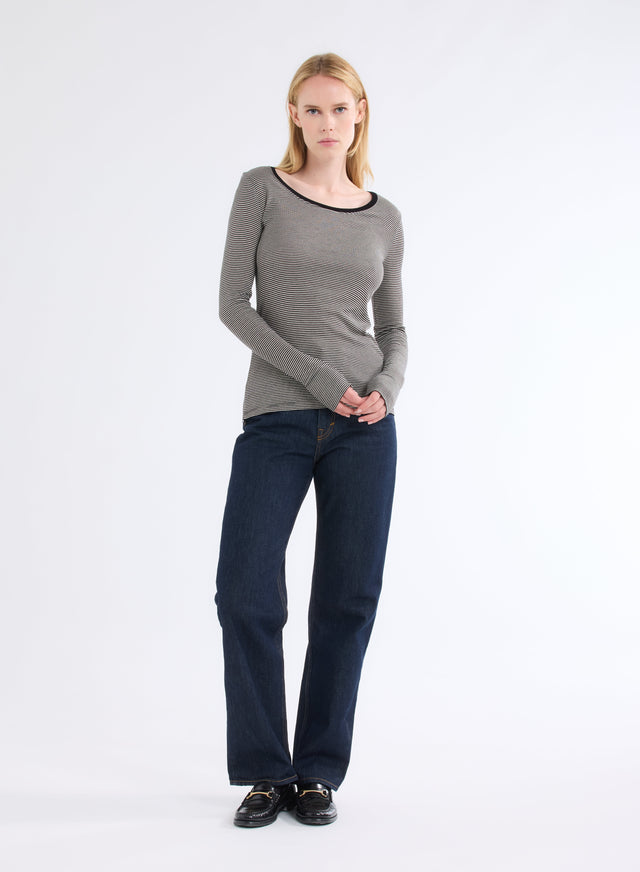 Majestic Filatures T-shirt Blanc Et Noir Rayé Côtelé Col Rond Manches Longues En Viscose Viscose