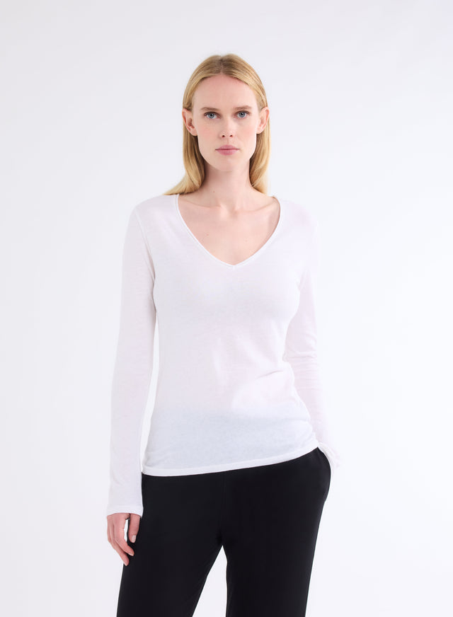 majestic filatures T-shirt Blanc lait Col V Manches Longues en Coton et Cachemire Coton / Cachemire