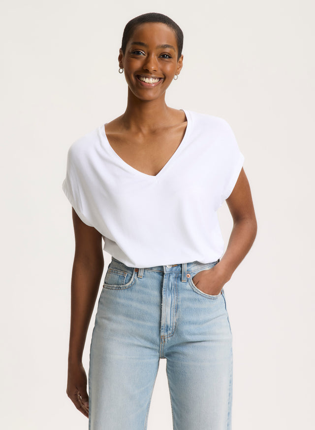 Majestic Filatures T-shirt Blanc Manches Courtes Col V En Viscose Et Élasthanne Viscose / Élasthanne