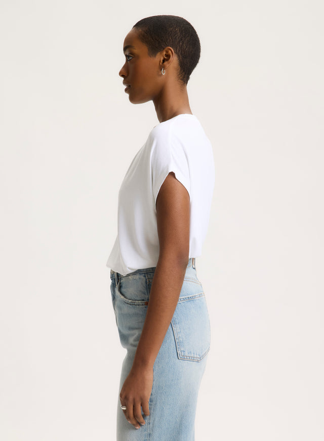 Majestic Filatures T-shirt Blanc Manches Courtes Col V En Viscose Et Élasthanne Viscose / Élasthanne