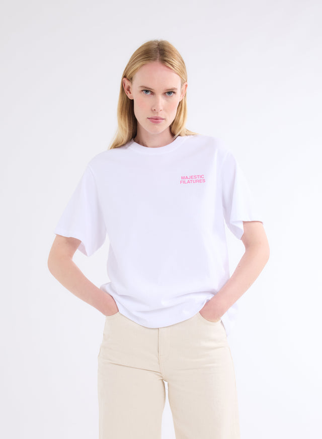 Majestic Filatures T-shirt Blanc Oversize Col Rond Manches Courtes Octobre Rose En Coton Organique Coton Organique