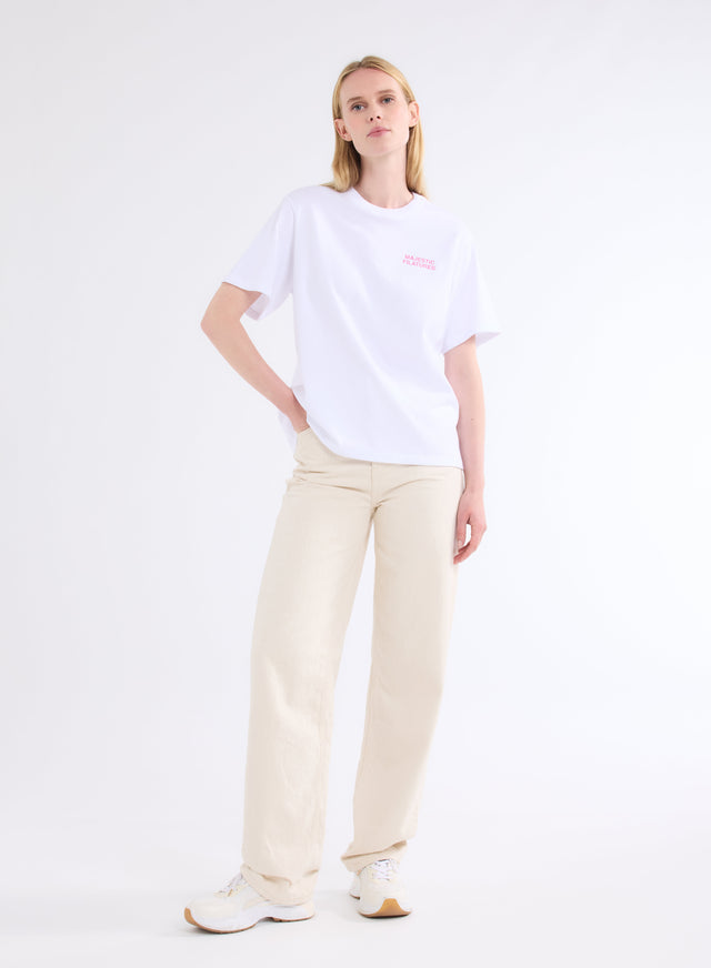 Majestic Filatures T-shirt Blanc Oversize Col Rond Manches Courtes Octobre Rose En Coton Organique Coton Organique