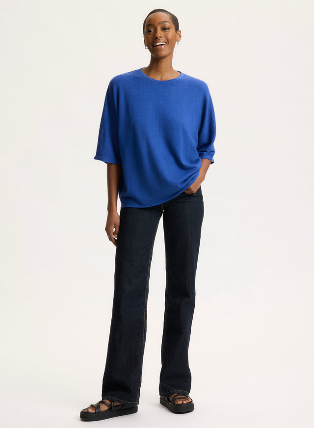 Majestic Filatures T-shirt Bleu Col Rond Manches Coudes En Cachemire Cachemire