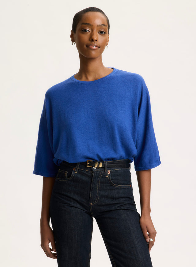 Majestic Filatures T-shirt Bleu Col Rond Manches Coudes En Cachemire Cachemire